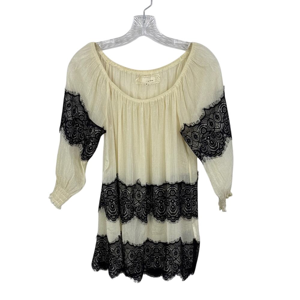 A'reve Cream Sheer Romantic Blouse Black Lace Trim Boho Coquette Top Small S